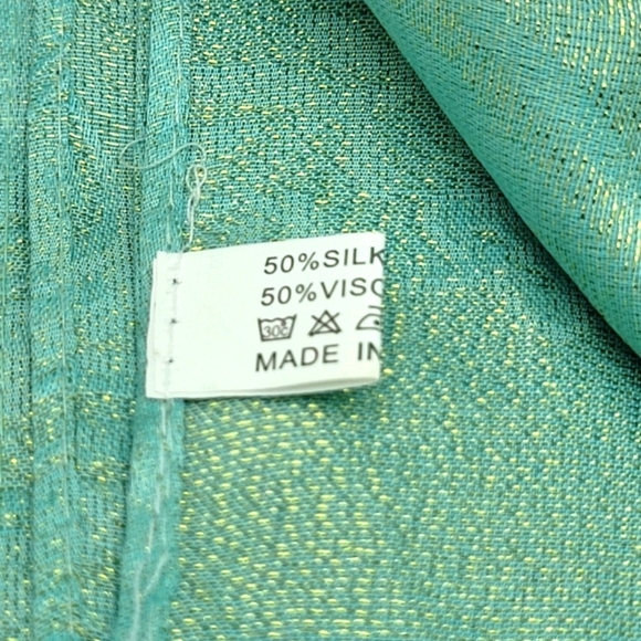 Silk Blend Aqua Green Metallic Floral Print Scarf  27"×74" - Picture 7 of 7